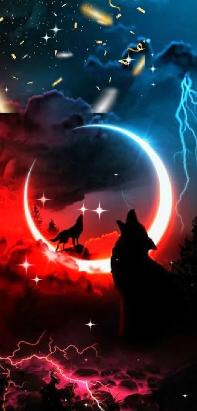 Wallpaper of wolves under a crescent moon with red and blue clouds and lightning.