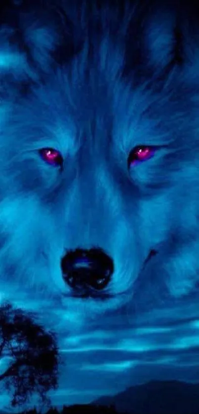 Mystical blue wolf on a moonlit night with a glowing rose in a serene landscape.