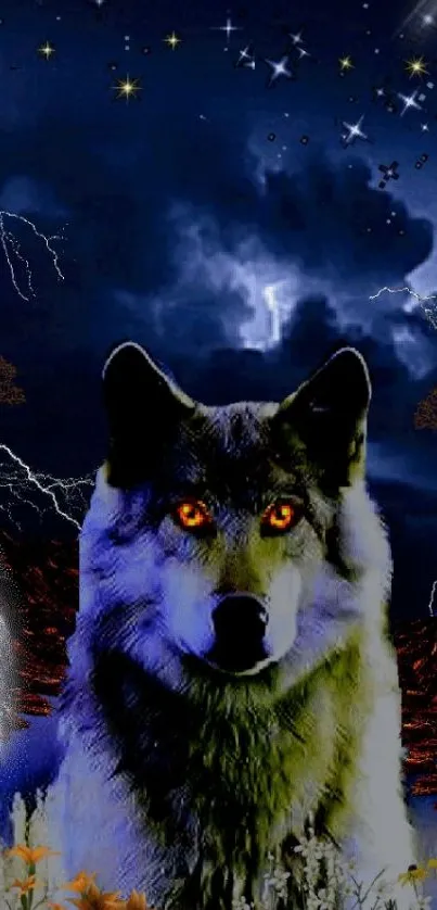 Mystical wolf under a starry night sky with lightning.