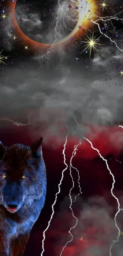 Mystical wolf with eclipse, stars, and lightning in dramatic night sky.