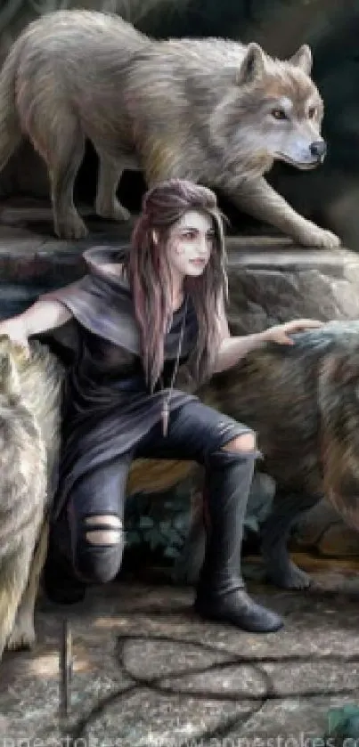 Fantasy artwork of a woman with wolves in a forest setting.