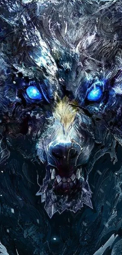 Mystical dark wolf with glowing blue eyes in captivating design.