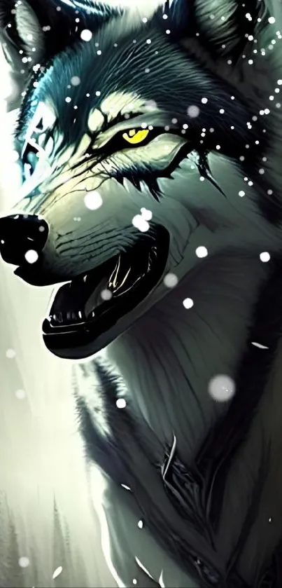 Mystical wolf with glowing eyes in a dark forest background.