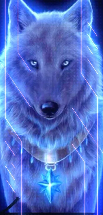 Mystical wolf with blue glow and star necklace on a dark background.