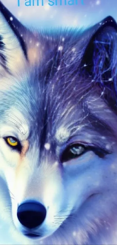 Mystical wolf in blue hues with snowy background wallpaper.