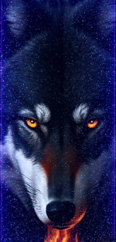 Mystical wolf with cosmic background and glowing eyes in dark blue tones.