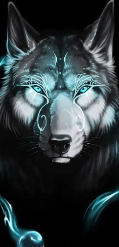 Mystical wolf with glowing blue elements on a black background.