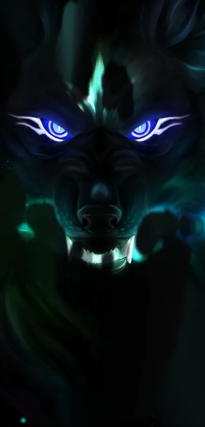 Mystical wolf with glowing blue eyes on a black background.