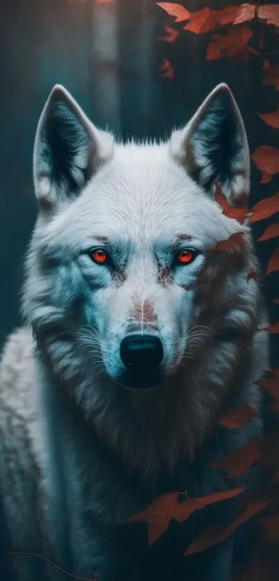 White wolf with red eyes surrounded by foliage in a mystical setting.