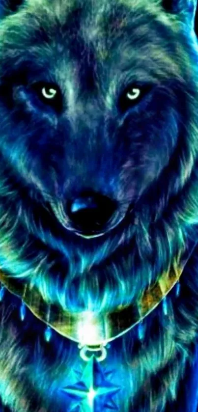 Mystical blue wolf with pendant wallpaper for mobile.