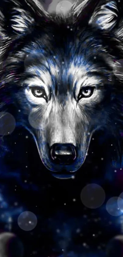 Mystical wolf wallpaper with cosmic blue aura and stars.