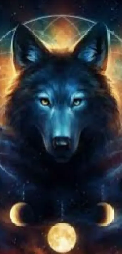 A mystical wolf with glowing eyes and lunar phases on a dark blue background.