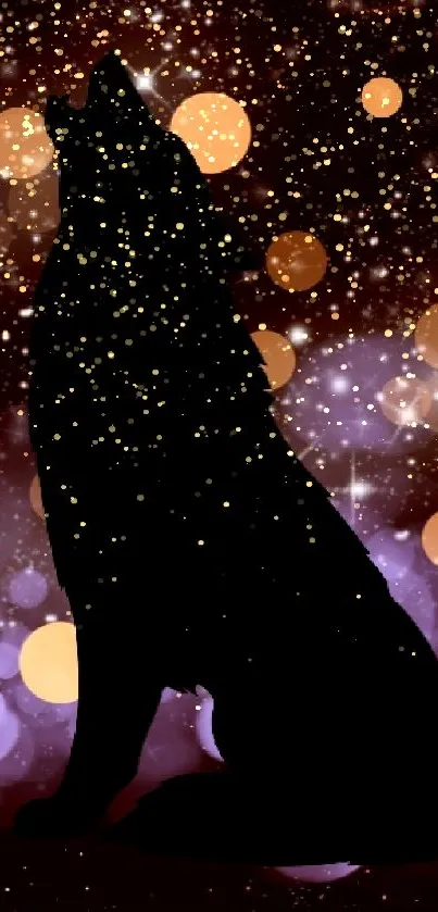 Silhouette of a wolf against a starry, bokeh-filled background.