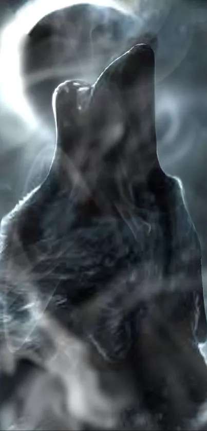 Mystical wolf silhouette with smoky lunar background.