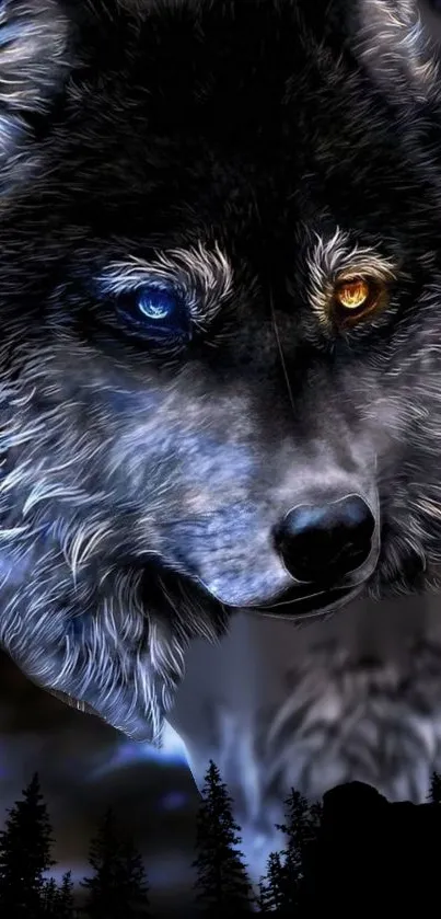 Mystical wolf with dual-colored eyes in a dark forest wallpaper.