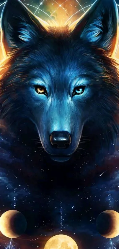 Mystical wolf with cosmic background art.