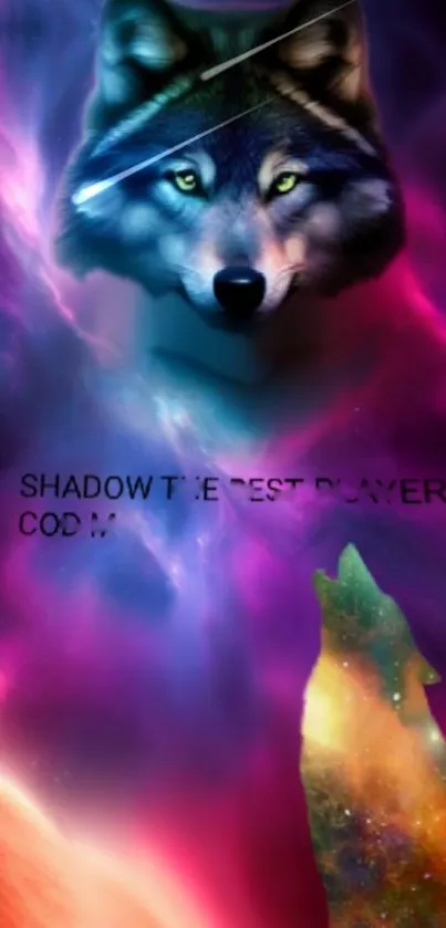 Mystical wolf in a vibrant, colorful cosmic scene.