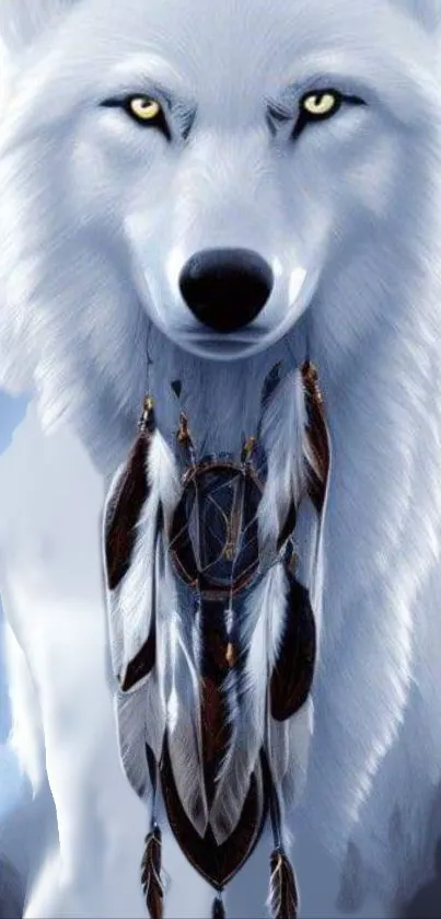 Mystical white wolf with dreamcatcher art on mobile wallpaper.