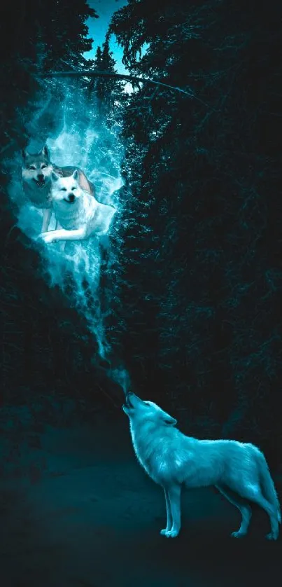 Wolf howling with glowing spirit wolves in a dark forest.