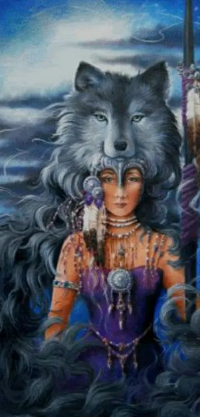 Mystical wolf spirit with woman in blue tones, artistic fantasy wallpaper.