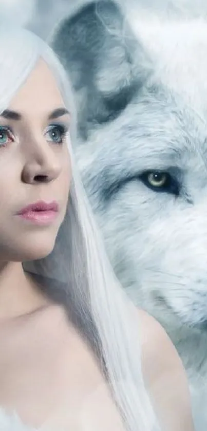 Fantasy wallpaper with white-haired woman and white wolf in soft tones.