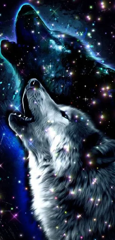 Mystical wolf howling under a starry, cosmic night sky on mobile wallpaper.