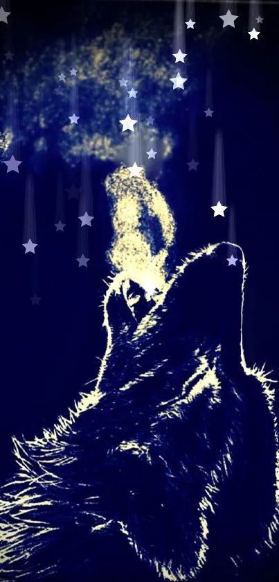 Mystical wolf howling under starry night sky in dark blue wallpaper.