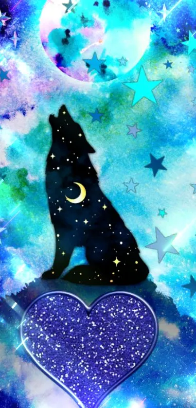 Wolf howling beneath a starry, blue cosmic sky with shimmering stars.
