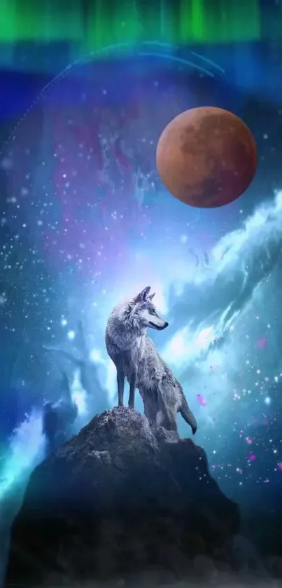 Mystical wolf standing under aurora borealis with moon backdrop.