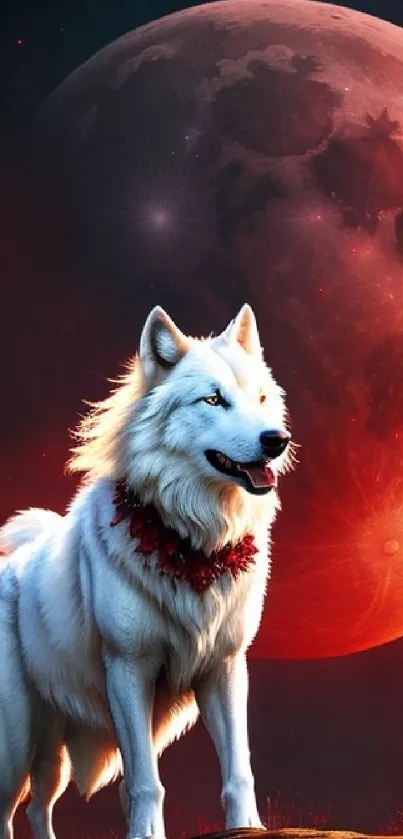 White wolf under a red moon with mystical vibes.