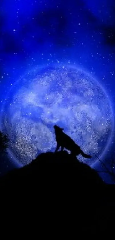 Silhouette of a wolf howling under a full moon in a starry blue night sky.