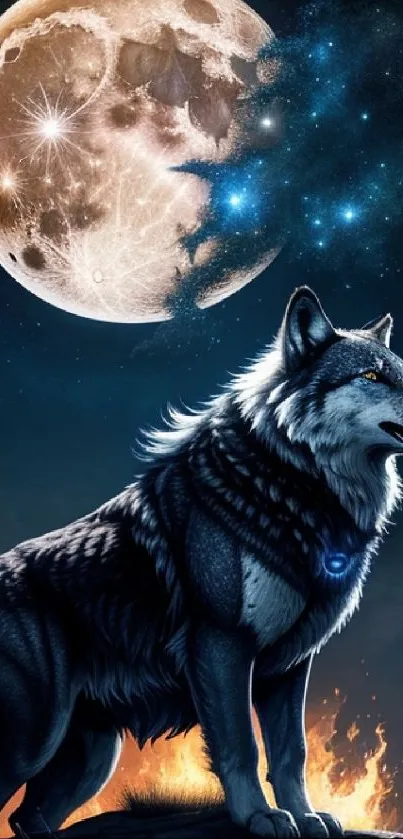 A mystic wolf stands under a luminous full moon.