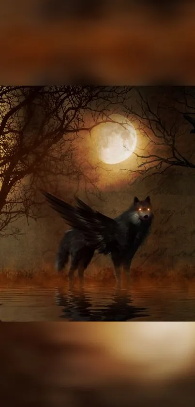 Winged wolf stands under a full moon in a dark forest, reflecting in water.