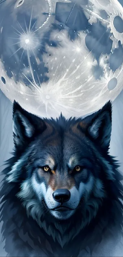 Wolf stands beneath glowing full moon in mystical forest.