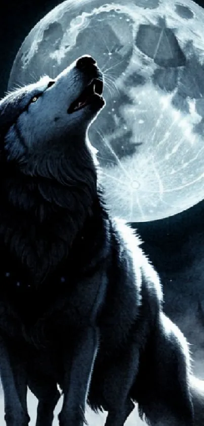 A wolf howling under a bright full moon at night.