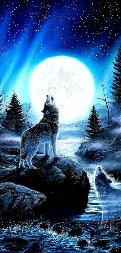 Mystical wolf howling at the full moon with a starry night background.