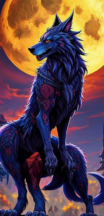 Mystical wolf beneath a bright full moon in a vibrant digital artwork.