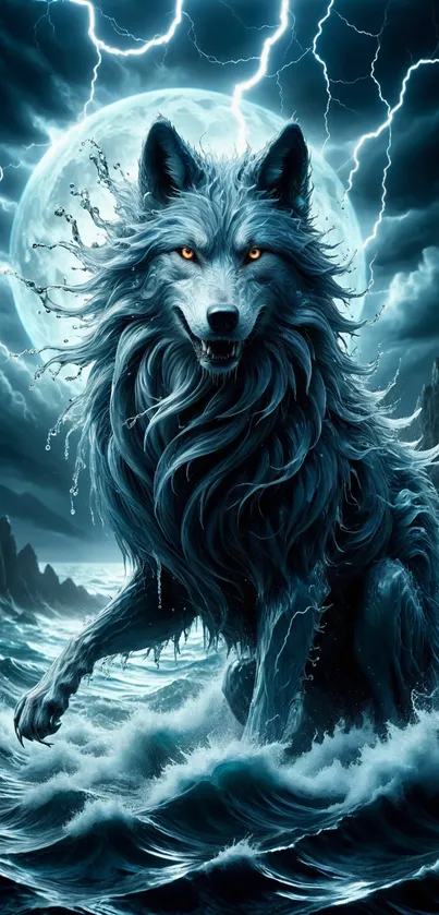 Majestic wolf with fiery eyes in a stormy sea under a glowing moon.