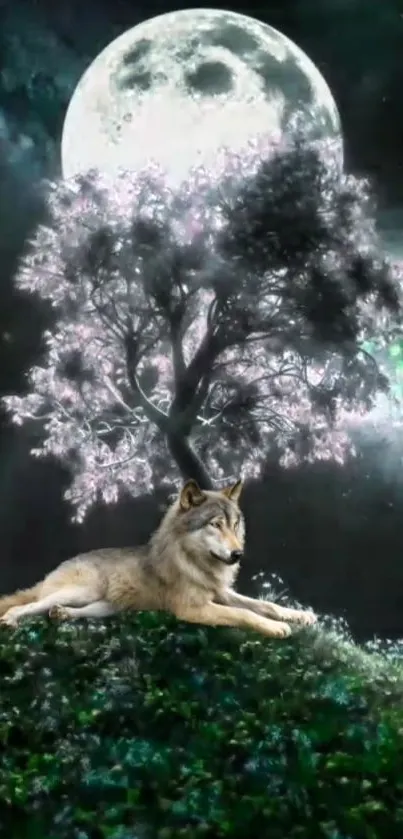 Wolf rests under a tree with a glowing full moon in the background.