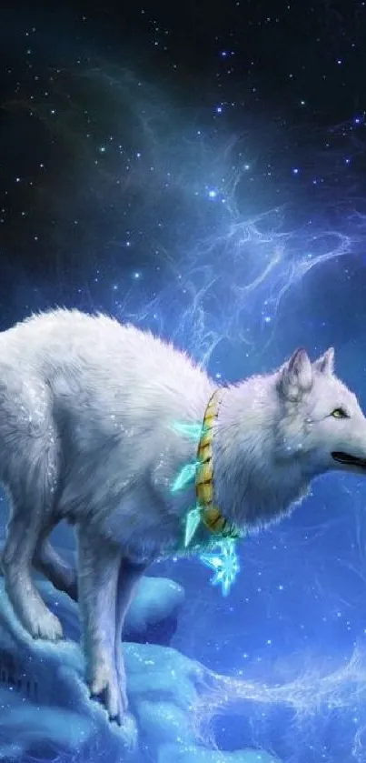 White wolf gazes at a glowing moonlit sky, surrounded by stars.