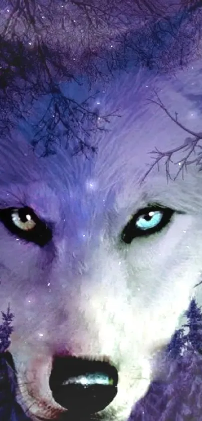 Mystical wolf with piercing eyes under moonlit forest canopy.