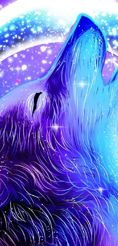 Vibrant wolf howling at a glowing moon in a cosmic, colorful night sky.