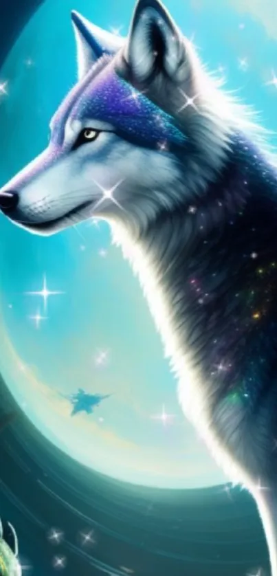 Mystical wolf under a sparkling moonlit sky wallpaper.