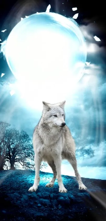 Mystical wolf standing under a bright moon with a blue-sky backdrop.