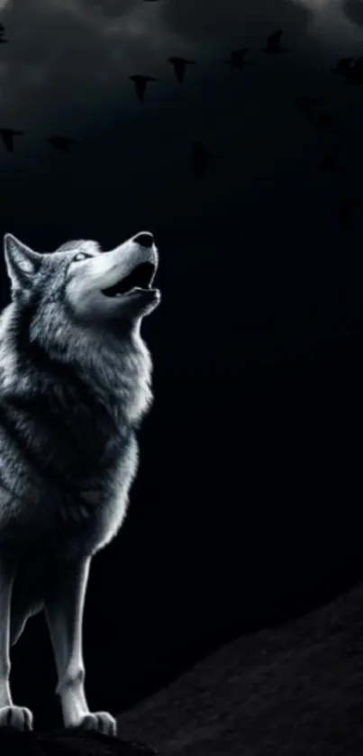 Majestic wolf howling under dark moonlit sky with birds silhouetted.