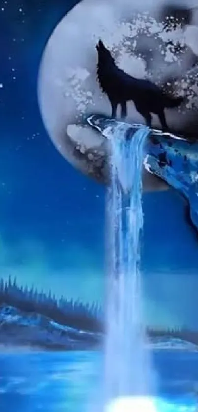 A wolf howling on a cliff under a moonlit sky with waterfall.