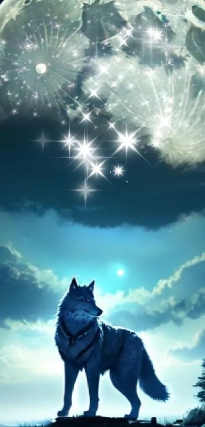 A mystical wolf standing under a luminous full moon and starry night sky.