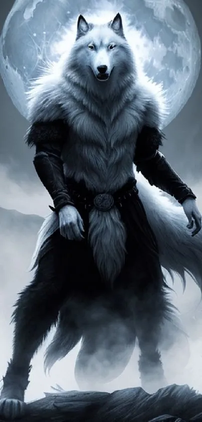 Mystical wolf standing under a full moon with a dark, misty background.