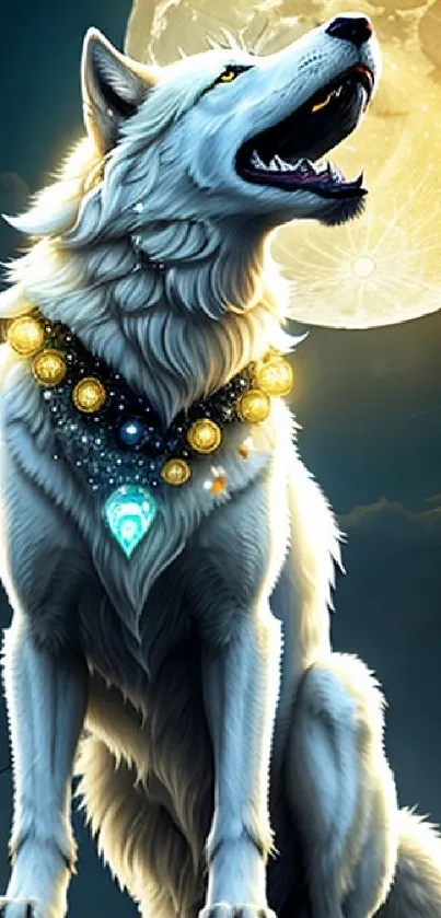 Mystical wolf under moonlight with glowing jewels and a full moon backdrop.