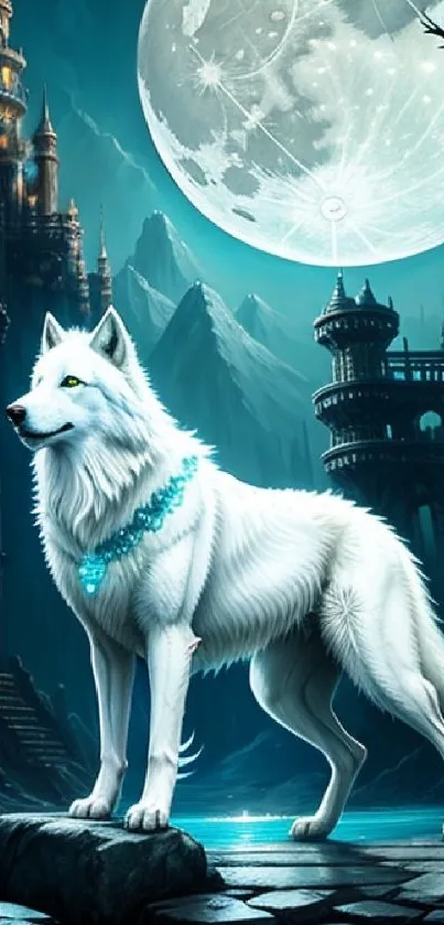 Mystical wolf stands under moonlight near a fantasy castle.